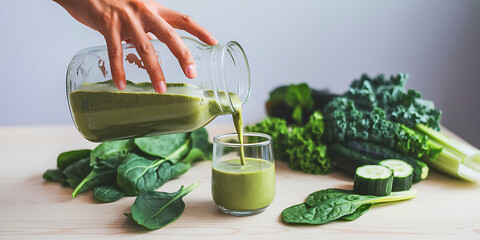 Green Smoothie Pouring from Jar to Glass with Fresh Fruit and Vegetables Healthy Drink Preparation on Wooden Table