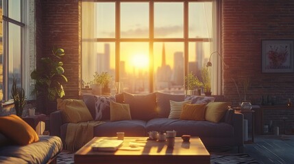 A warm sunlight illuminates a cozy living room interior scene