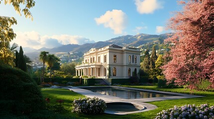 Scenic luxury villa foreground reflecting pool flowering garden blooming tree mountain background sunshine image
