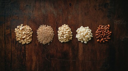 Healthy ingredients arranged on a wooden surface.  Various grains and nuts