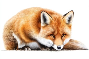 Red Fox in Winter - A beautiful red fox sits low to the ground, its fur appearing thick and luxurious against a white background. The fox's gaze is intense, and its expression is one of alertness