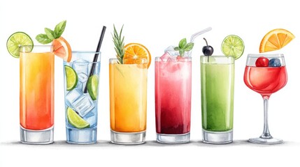 Refreshing Summer Cocktails Collection - A vibrant watercolor illustration showcasing six assorted summer cocktails in tall glasses, garnished with fresh fruit and herbs. Perfect for menus, websites