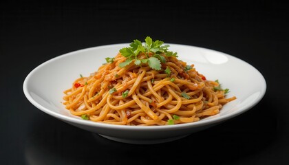 Deliciously prepared noodles served on a white plate.