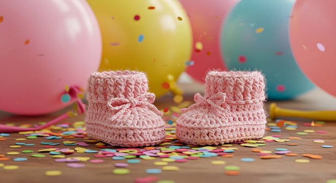 Adorable pink booties on a celebratory background.  A perfect baby shower image!