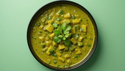 A vibrant curry dish in a dark bowl.
