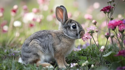 A captivating close-up of a rabbit surrounded by colorful flowers, creating a vibrant spring scene. This image portrays nature's beauty and the innocence of wildlife. 