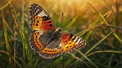 Obraz premium A butterfly rests in golden sunlight