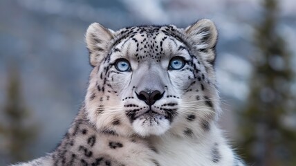 Fototapeta premium A striking portrait of a snow leopard, featuring its piercing blue eyes and distinctive coat. The leopard's gaze is captivating and draws the viewer in, creating a sense of both mystery and beauty.