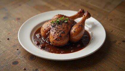 Roasted chicken dish served on a white plate.