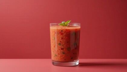 Close-up view of a vibrant tomato smoothie in a glass.