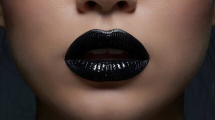 Obraz premium The captivating close-up of luscious black lipstick on a beautiful face. The lipstick has a glossy sheen, accentuating the lips' shape