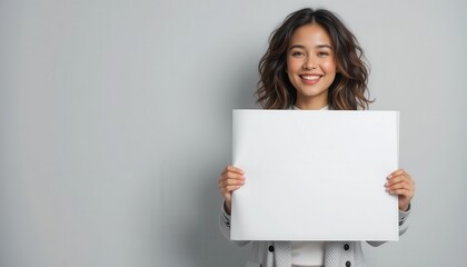 Naklejka premium Smiling person holding a blank white board against a plain backdrop.
