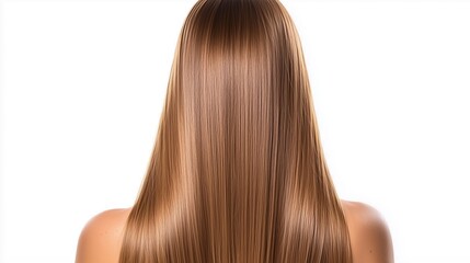 Fototapeta premium A close-up view of long, straight, shiny brown hair, showcased from the back, emphasizing its smooth texture and healthy appearance.