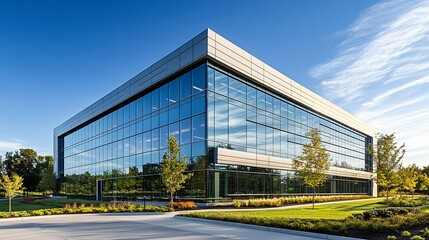 Large building exterior with closed windows evenly spaced clean lines reflective surfaces corporate and modern aesthetic. 