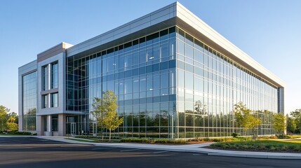 Obraz premium Large building exterior with closed windows evenly spaced clean lines reflective surfaces corporate and modern aesthetic. 