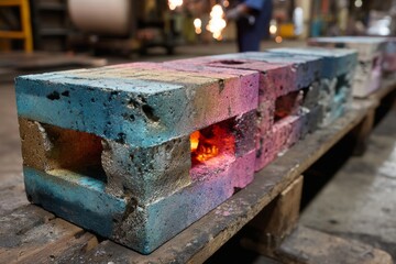 Refractory Brick Section Showing Heat within Furnace Inside Factory Setting on Wood Pallet with Workman in Background