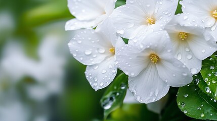 Fototapeta premium Close-up of white flowers with raindrops on their petals, highlighting their delicate beauty and fresh appearance against a blurred green background.