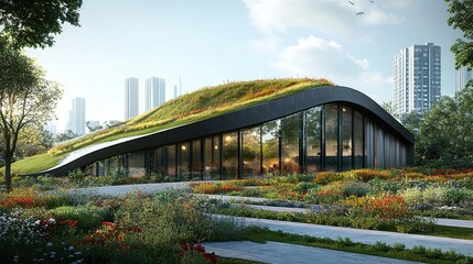 Fototapeta premium Large structure with living green roof landscaped garden in front bright sunlight sleek and sustainable urban aesthetic. 
