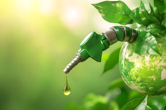Green fuel nozzle with biofuel droplet and eco-friendly Earth covered in leaves, sustainable energy concept for environmental protection, renewable resources, clean technology, and green transportatio