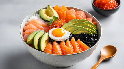 Delicious Japanese chirashi don with raw fish, ikura caviar, and fresh avocado, perfect for a healthy lunch or dinner, served in a bowl on light background