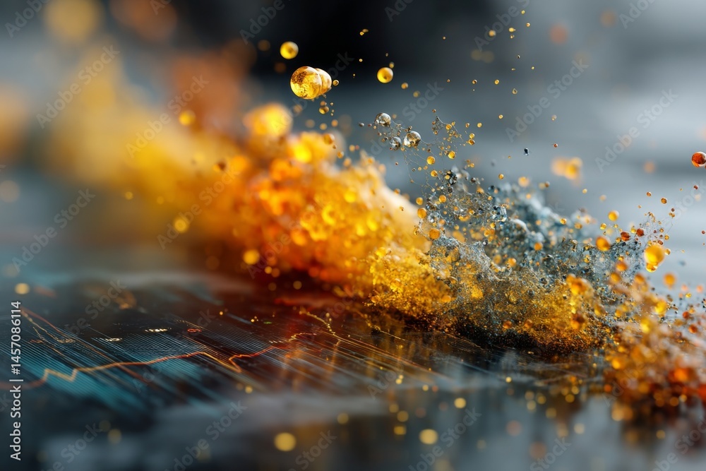 Poster abstract visualization displaying fluid dynamics with golden globules and gray particles over a dark