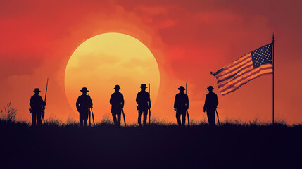 Silhouetted US Soldiers Standing Under American Flag at Sunset &ndash; Military Tribute and Patriotism Concept
