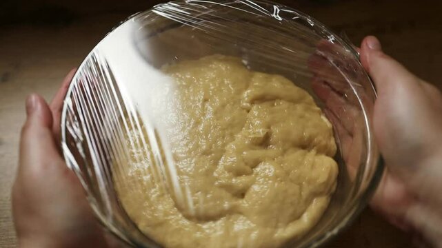 Top-down view of rich yeast dough in a glass bowl being covered with plastic wrap to rest and rise. A classic baking step perfect for tutorials, home cooking, and artisan culinary content.