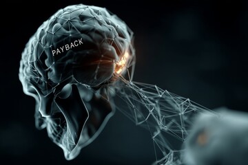 Abstract human skull connected by plexus network symbolizing payback, vengeance, or revenge against the machine on dark background