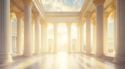 Obraz premium Grand, sunlit colonnaded hall. Heavenly, ancient architecture