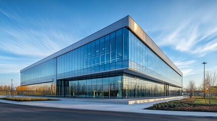 Obraz premium Low-angle view of a sleek modern building with reflective glass facade sharp lines vibrant blue sky clean urban aesthetic 