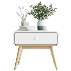 Modern white bedside table with decorative vases against a dark background