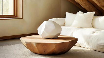 Modern geometric vase on rustic wooden table in cozy minimalist living room