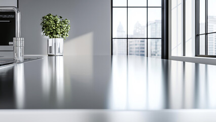 Modern kitchen interior with sleek countertop and large windows