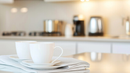 Modern kitchen counter with white cups and appliances for a calm morning