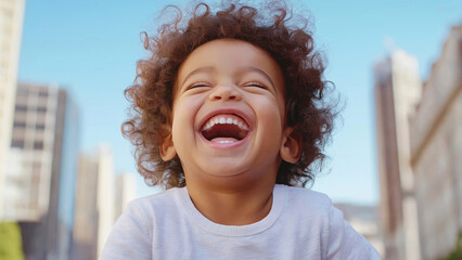 Joyful African child kid boy laughing outdoors in urban setting on sunny day.