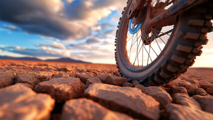 Closeup of off road tire on rocky terrain under dramatic sky.