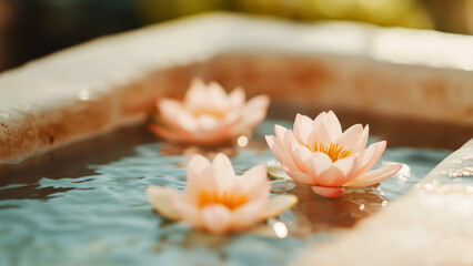 Tranquil water lilies in a serene stone pond