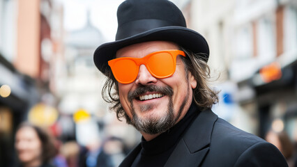 Smiling man male in black hat and orange sunglasses on urban street