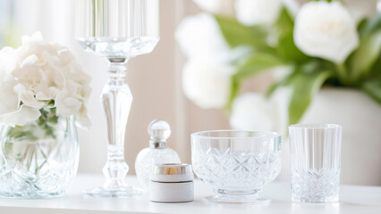 Elegant crystal and glass ornaments with white flowers in soft light