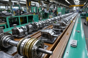 Fototapeta premium Machined Metal Components Arranged on a Conveyor for Automotive or Industrial Manufacturing Use