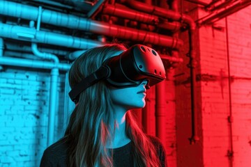 A young woman with long hair experiences immersive virtual reality in a neon-lit industrial setting.