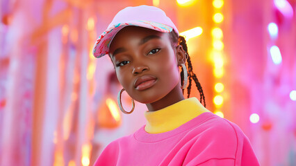 Stylish young African female woman girl in vibrant neon lit urban setting
