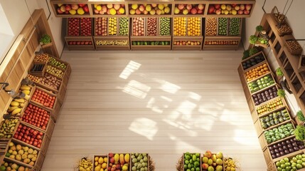Colorful fresh produce displays in a well-organized market showcasing seasonal fruits and vegetables in bright natural light
