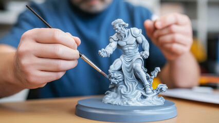 Sculptor man painting mythical warrior figurine with precision and skill