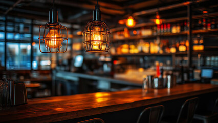 Cozy dimly lit industrial bar with wooden counter and warm lighting