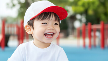 Asian young male child kid boy smiling in red cap at playground outdoors