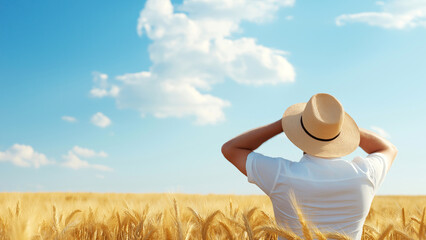 Man enjoying the serenity of a golden wheat field under blue skies