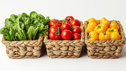 Fresh spinach, tomatoes, and yellow bell peppers in wicker baskets on white background
