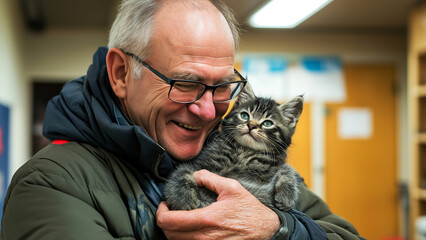 Elderly mature male man joyfully holding tabby kitten indoors
