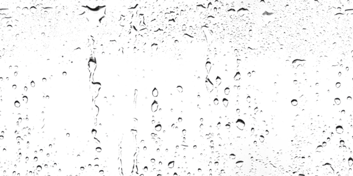Water droplets on a glass surface transparent and clear captured against a white and transparent background creating a beautiful abstract composition.